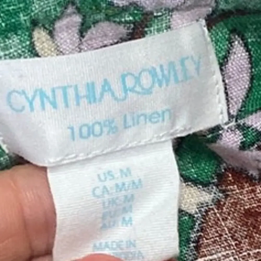 Cynthia Rowley 100% Linen Floral Blouse M Square Neck Crochet Trim Green Pink
